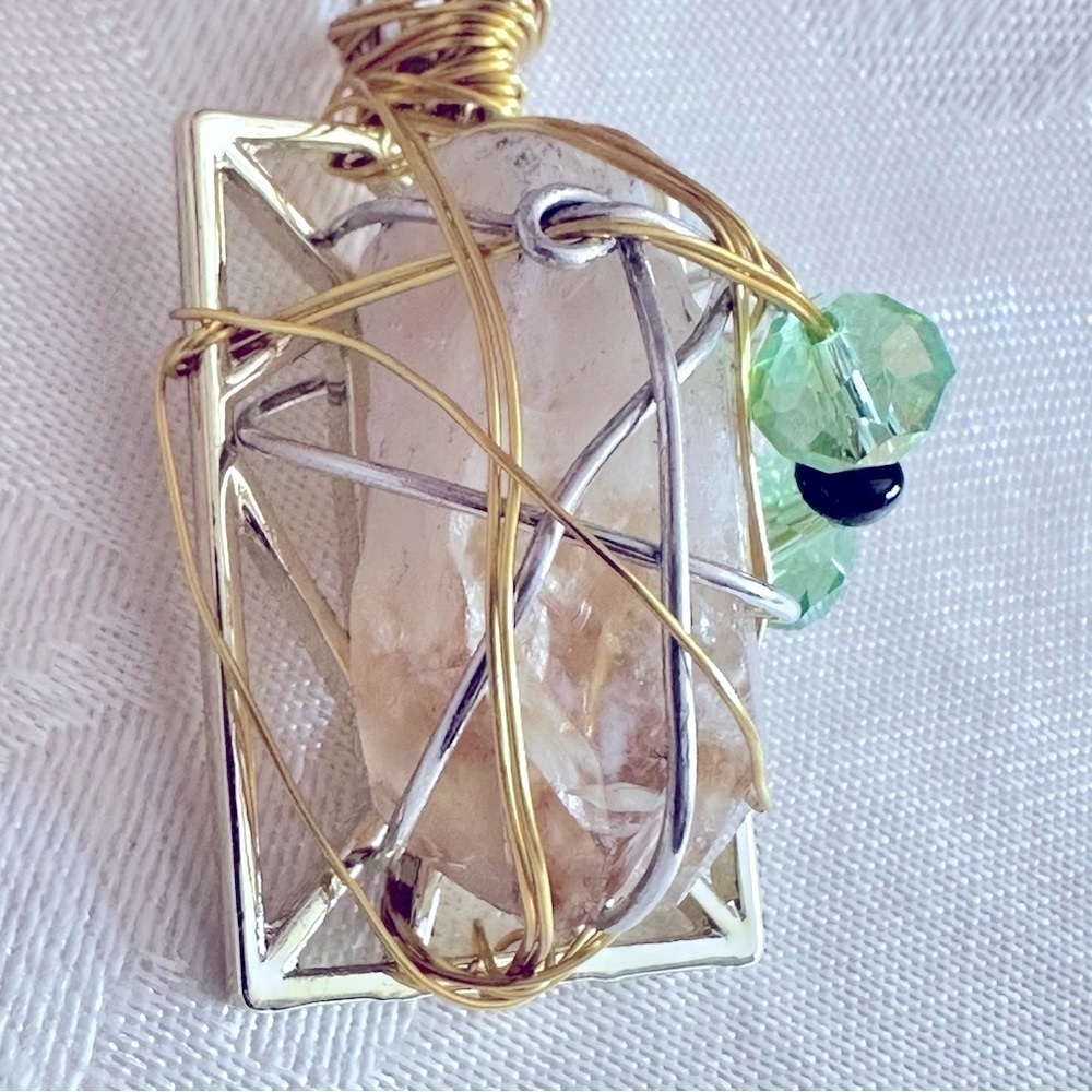 Collage Pendant GOLDEN HEALING QUARTZ necklace 24’ Wire Wrapped Necklace 4360 P